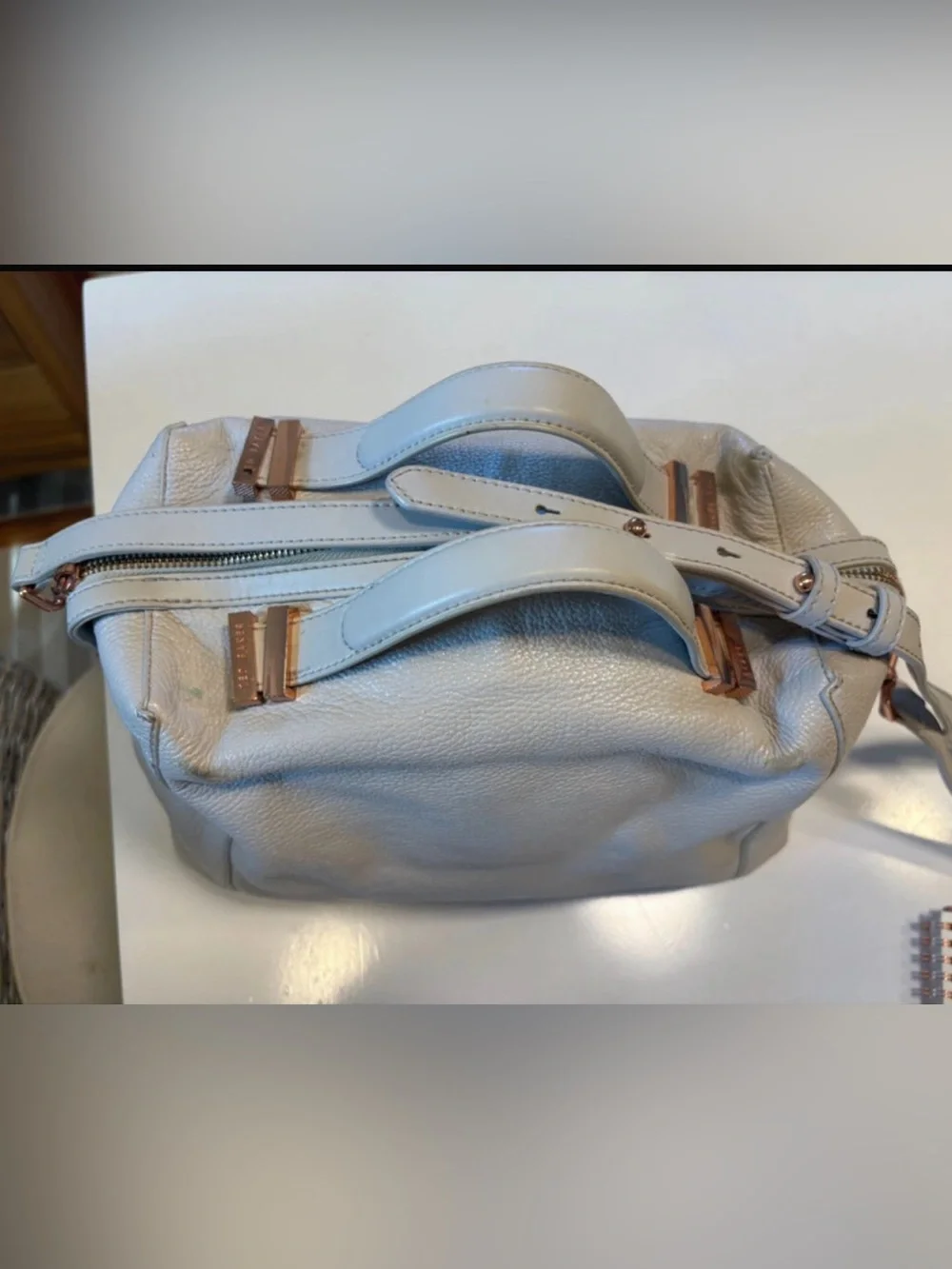 Ted Baker Cream Pebbled Leather Tote with Rose-Gold Accent